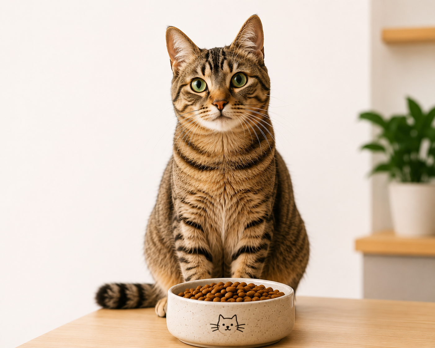 Gato atigrado sentado junto a un plato de comida para gatos en un entorno minimalista